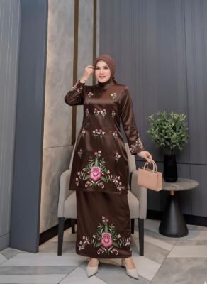 Setelan Tunik Bordir Mawar Chocolate Brown Elegan – Baju Muslim Wanita Premium