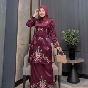 Setelan Tunik Bordir Mawar Merah Maroon Elegan – Baju Muslim Wanita Premium