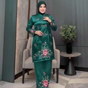 Setelan Tunik Bordir Mawar Bottle Green Elegan – Baju Muslim Wanita Premium