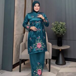 Setelan Tunik Bordir Mawar Emerald Green Elegan – Baju Muslim Wanita Premium