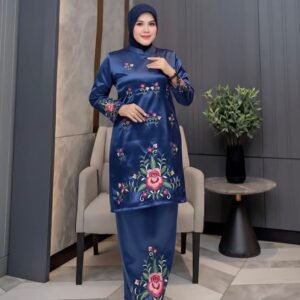 Setelan Tunik Bordir Mawar Navy Elegan – Baju Muslim Wanita Premium